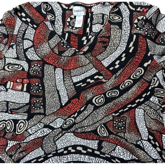 Chicos Abstract Print Top Size L Black/Red/White V-Neck Short Sleeve Lightweight - Picture 2 of 5